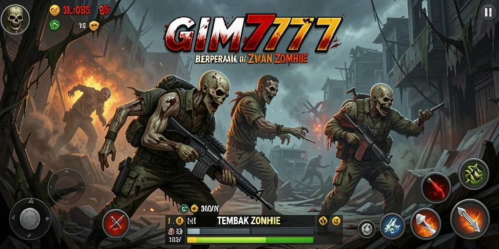 Antarmuka GIM777 menampilkan aksi tembak zombie yang seru dan mendebarkan.