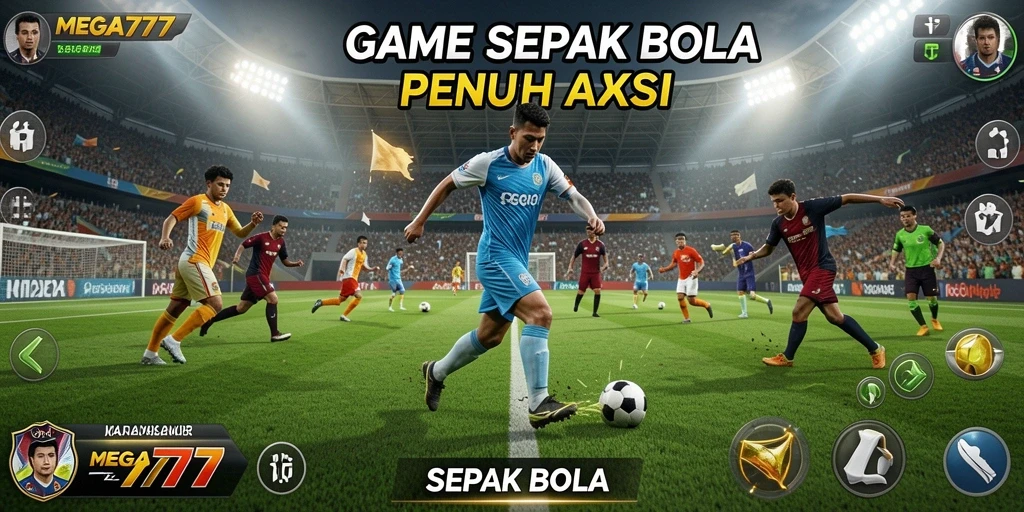 Tampilan antarmuka MEGA777 yang menampilkan aksi sepak bola.