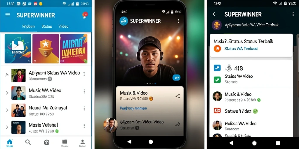 Antarmuka aplikasi SUPERWINNER untuk status video yang menarik.